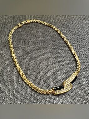 Swarovski Necklace Black Enamel Gold Crystals Vtg Fab!